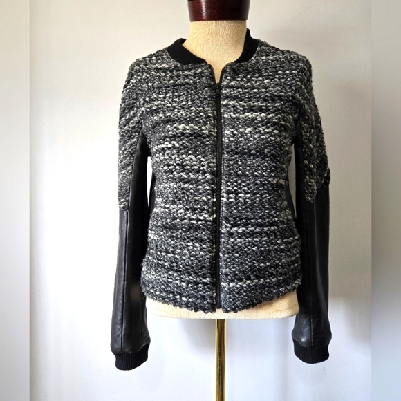 DANIER Black and White Wool Knit and Genuine Leather Moto Jacket. Size XS - Picture 1 of 14